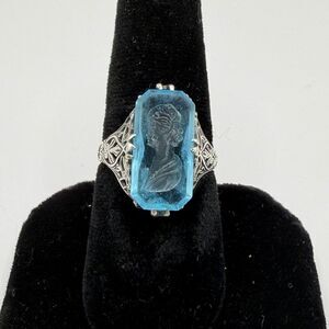Vintage 925 Sterling Silver Blue Intaglio Ring Size 8 Art Deco Style